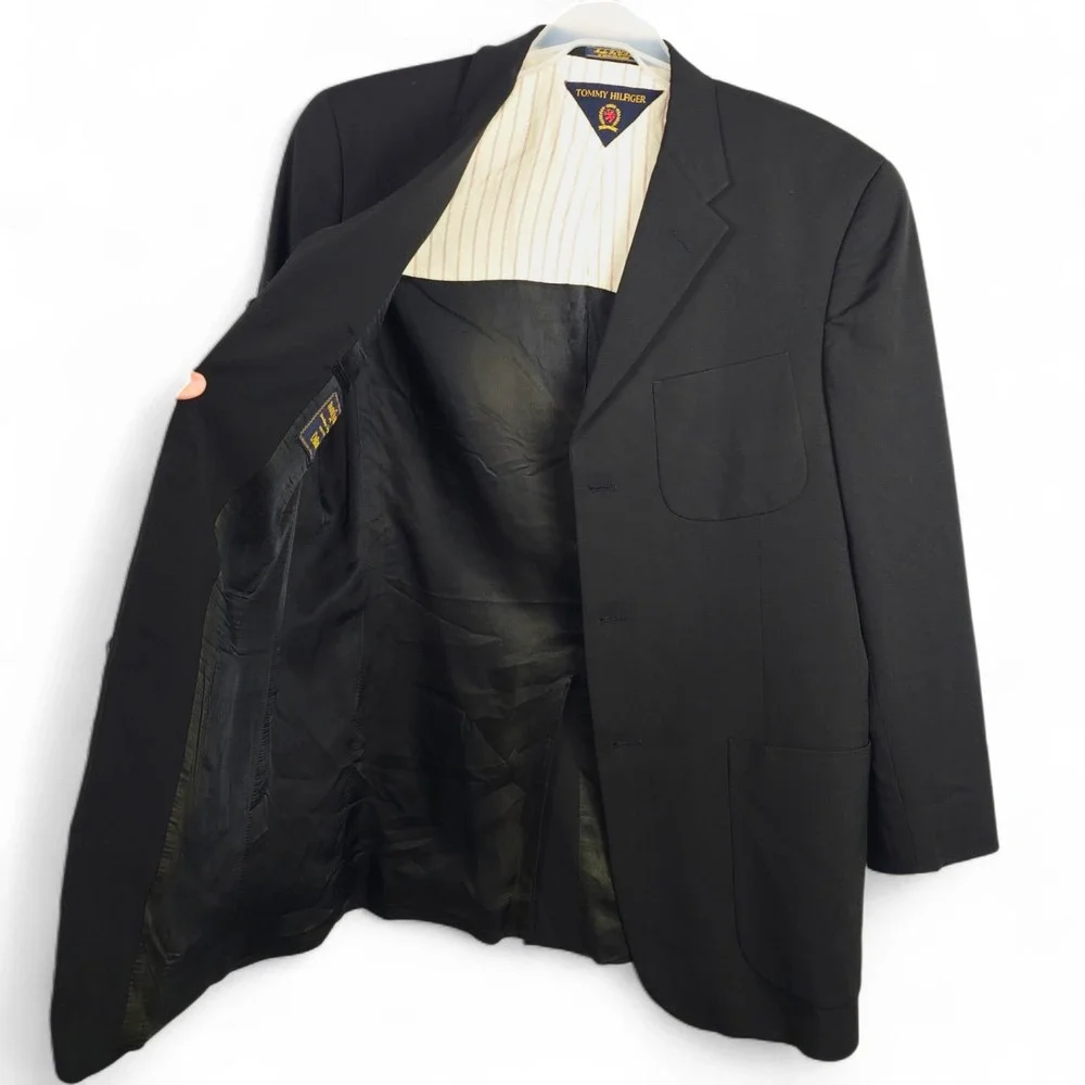 VTG Tommy Hilfiger Dillard's Blazer 42R Black Wool Lycra 3-Button Patch Pockets